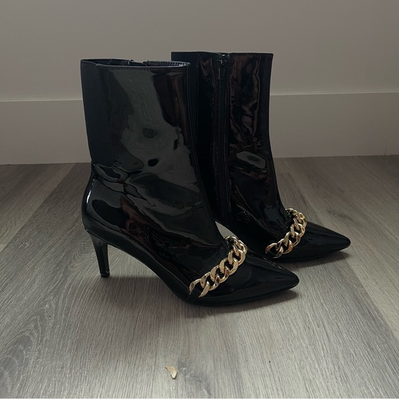 RAYE Foxx Glossy Black Heeled Boots with Gold Accent - Picture 2 of 7